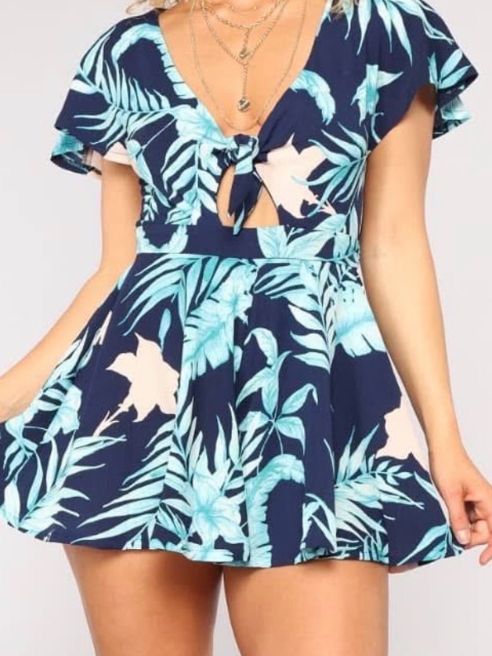 Tropical-Print Tie-Front romper like with Aqua and Light Pink Leaves
